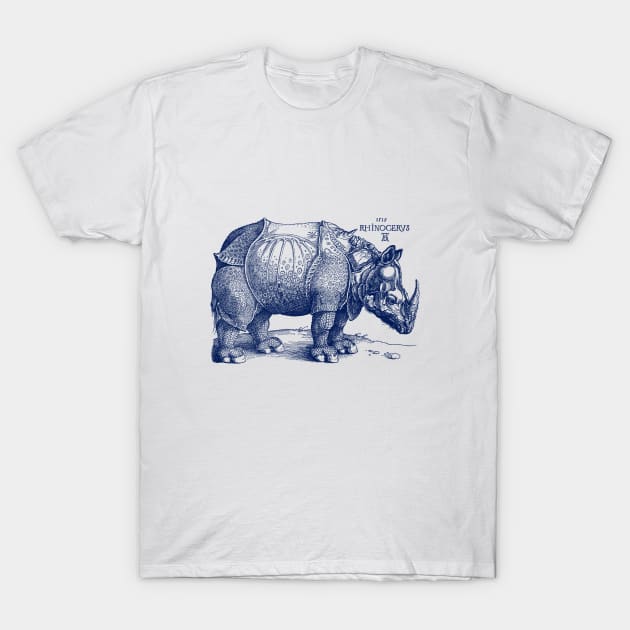 Albrecht Durer's Rhinoceros in Blue T-Shirt by Pixelchicken